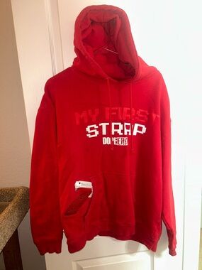 Red Graphic Pullover Hoodie with 'My First Strap' Print